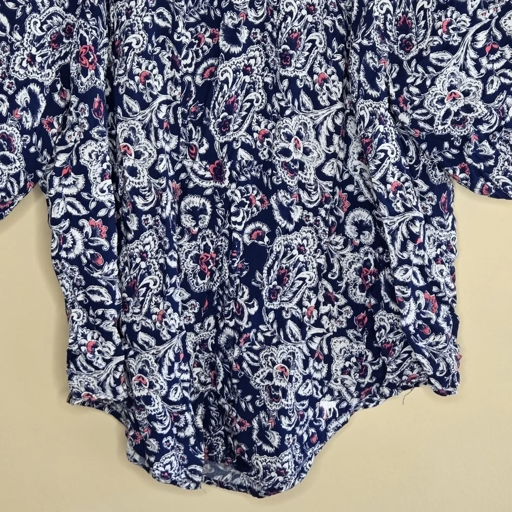 Abercrombie & Fitch | Navy White Pink Print Boho Puff Sleeve Top Round Hem